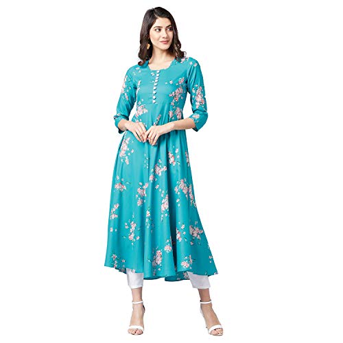 Tissu Women's Rayon Turquoise Printed A-Line Kurta (1937_Blue_XXL)