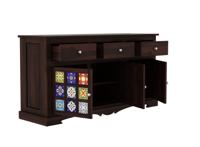 UrbonArts Solid Sheesham Wood Sideboard Tv Cabinet for Living Room | Free Standing Movable Tv Unit Side Board Table with 3 Drawer & 2 Cabinet Storage Furniture for Home | Walnut Finish (Walnut With 3 Drawer)