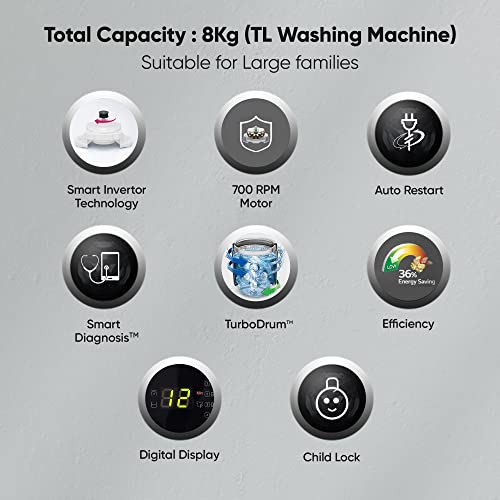 LG 8 Kg 5 Star Inverter TurboDrum Fully Automatic Top Loading Washing Machine (T80SKSF1Z, Waterfall Circulation, Digital Display, Middle Free Silver)