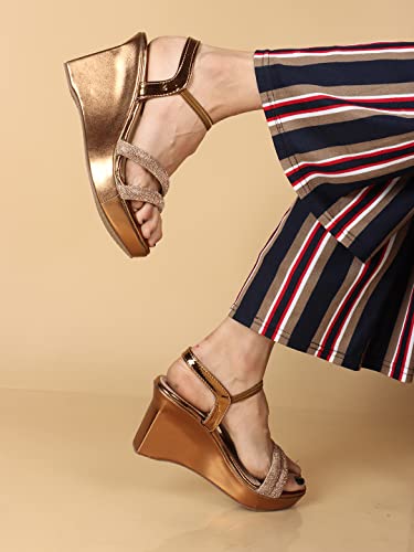XE Looks Comfortable Copper Party High Heel Wedges Sandals For Women (3 inches heel) -UK 4