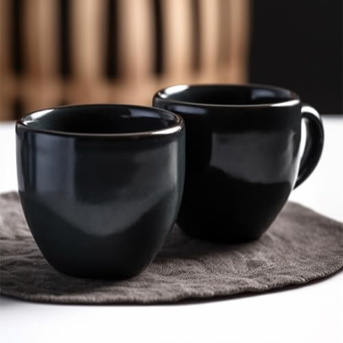 DINNERDINE All Black Glossy Ceramic Tea/Coffee Cup Set - 6 Handmade Ceramic Mugs (220ml) - Microwave Safe