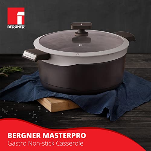 Bergner Gastro Non Stick Casserole/Briyani Pot/Handi with Glass Lid 28cm, Induction Base, Thickness 4.1mm, Brown, Gas Ready