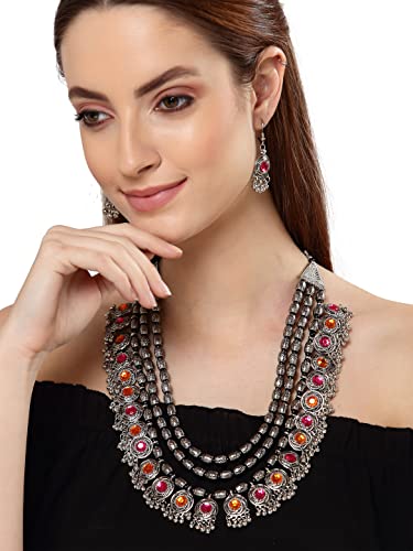 Shining Diva Fashion Latest Stylish Fancy Oxidised Silver Tribal Necklace Jewellery Set for Women (12164s), Multicolour, One