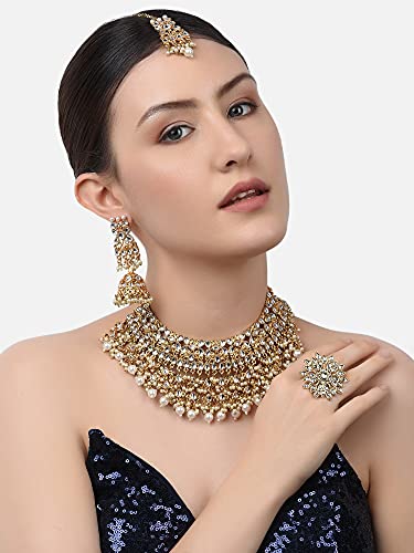 ZAVERI PEARLS Gold Tone Kundan Choker Necklace Earring Maangtikka & Ring Set For Women-ZPFK10799