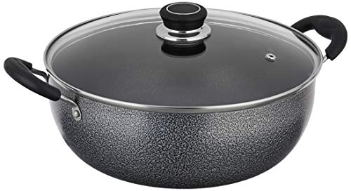 Amazon Brand SOLIMO - NON STICK KADHAI WITH GLASS LID (26 CM, HAMMERTONE FINISH, 3 COAT, 2.9 MM THICKNESS)