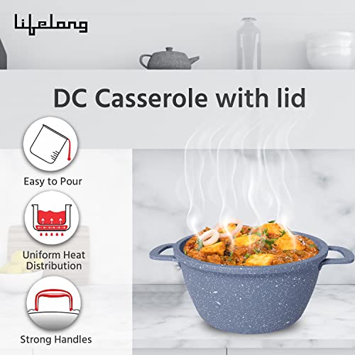 Lifelong Aluminium Die Cast Casserole with Lid 16 CM| 1.3 Litre Capacity| Non-Toxic| Gas Stove Safe | Hot Plate Safe | Scratch Resistant (Grey, LLCKC02)