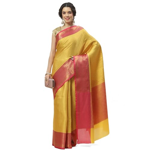 Meena Bazaar Zari Jaal Cotton Woven Saree With Blouse (Mustard)