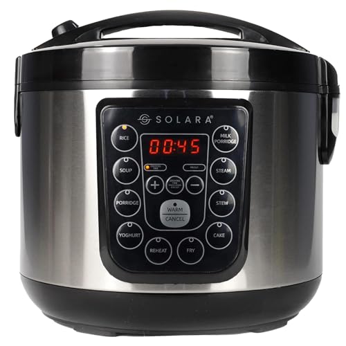 SOLARA MultiPurpose Electric Rice Cooker - Cool Touch MultiPurpose Cooker and Food Steamer, Digital Rice Cooker, 4 Cups (8 Cups Cooked) with Steam & Rinse Basket, 500 Watts, Stainless Steel, Silver