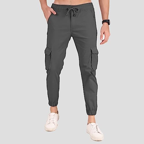 Plus 91 Latest Men Cargo Solid Danim Joggers Trousers Streetwear cross 6 multi Pockets Design Pants (32, Dark Grey)