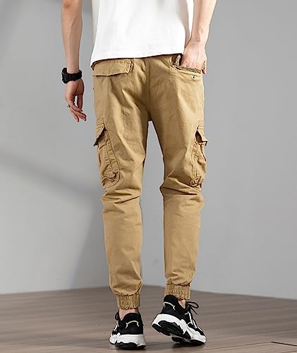 L'MONTE Imported Expandable Elastic Waist Slim Fit Casual Outwear Joggers Track Pant for Men Cotton Cargo (36, Khaki)