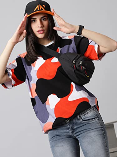 RodZen Oversized Half Sleeves 100% Cotton Round Neck Printed Multicolour T-Shirt for Womens/Girls(Cowprint, XL)