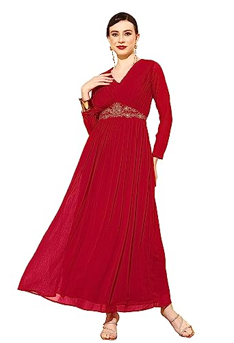 LYMI LABEL Gown for Women - Georgette Pleated Neck Design Embroidery Belt Work Maxi Gown Red
