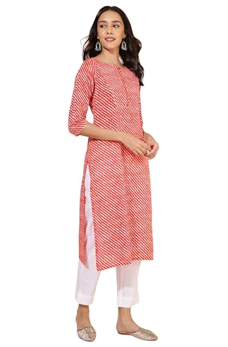 Janasya Women's Red Cotton Striped Straight Kurta(JNE4241-KR-XL)