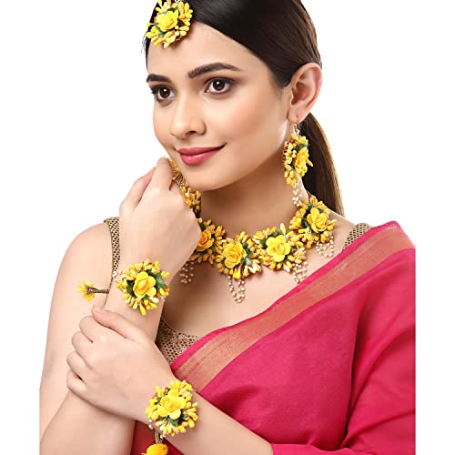 ZENEME Flower Haldi Gota Patti Necklace, Earrings, Bracelet & Maang Tikka for Women & Girls (Mehandi/Haldi/Wedding/Bridal/Baby Shower) (Design 4)