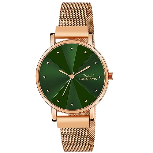 LOUIS DEVIN Rose Gold Plated Mesh Chain Analog Wrist Watch for Women (Green Dial) | LD-RG173-GRN