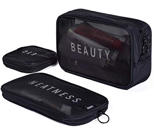 House Of Quirk Travel Mesh Makeup Bags Set 3 Pieces See Through Zipper Pouch Travel Cosmetic and Toiletry Organizer Bag 3 Pack of S M L (Black)