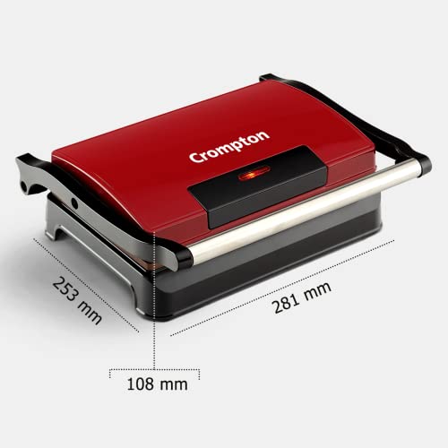 Crompton QuickServe 2 Slice Panini Maker with Floating Hinges | 700W Sandwich Maker | Golden Food Grade Non-Stick Coating Plates Sandwich Maker (Red)