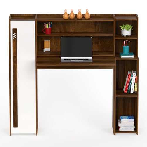BLUEWUD Walden Engineered Wood Study and Computer Laptop Table for Home or Office, WFH Desk, with Drawer Shelves Storage for Books and Décor Display for Adults Kids Students (Brown Maple & White)