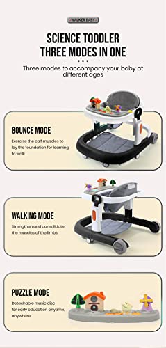 StarAndDaisy Elegant Baby Walker with Multi Hight Adjustment, Activity Push Walker for Toddler 6-18 Months Gilrs & Boys with Musical Toy Tray, Comfortable Soft Cushion, Anti O Leg Design. (Black)