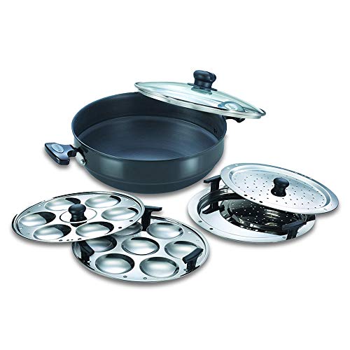 Prestige Hard Anodised Multi Kadhai | 4.5 L | Black | Induction Base | Multi-Purpose Accesories - Idli Stand, Dhokla Stand and Steamer | Round Bottom | Durable Handles