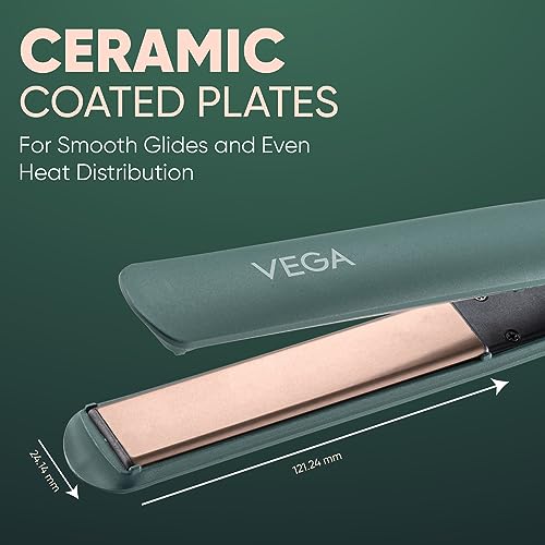 Vega Salon Smooth Hair Straightener for Women with Ceramic Coated Plates, Quick Heatup & Travel Friendly, Green (VHSH-42)