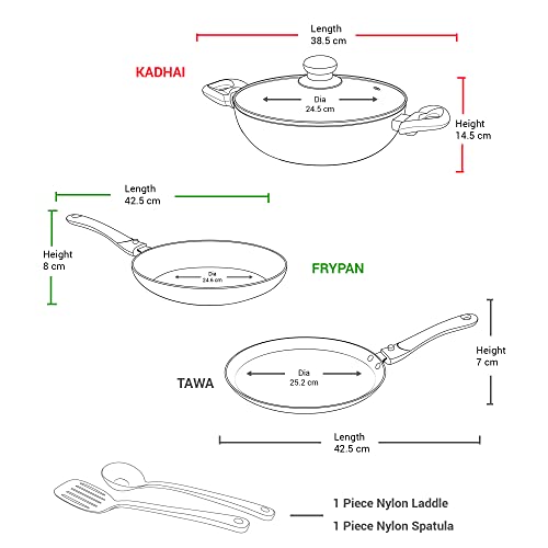 Milton Pro Cook Kitchen Pride Plus Set of 5 (Fry pan 24 cm/1.6 litres; Kadhai 24 cm/2.5 litres with Glass lid; Tawa 25 cm), Maroon | Induction | Dishwasher | Hot Plate | Flame Safe