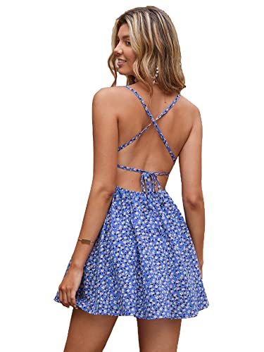 Aahwan Polyester Blue Backless Lace Up Ditsy Floral Printed Cami Dress for Women's & Girls' (186-Blue_S)