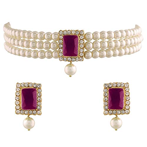 I Jewels Gold Plated Traditional Stone Pearl Choker Necklace Jewellery Set For Women/Girls (ML237Q)