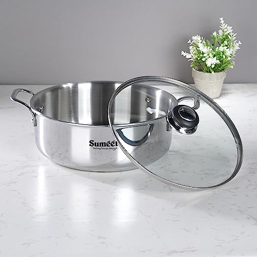 Sumeet Cook Smart TriPly SAS (Steel-Aluminium-Steel - 3 Layers) Casserole/Biryani Pot/Stock Pot with Glass Lid- 6.3Ltr - 30Cm, Silver