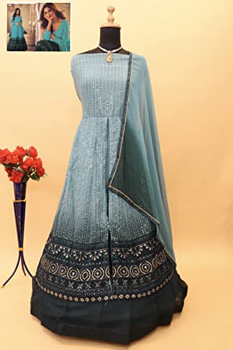 RUDRAPRAYAG Georgette and Santoon Anarkali Gown for Women | Semi Stitched Anarkali Gown for Women | Gown for Women 2023 | Gown in Clothing & Accessories Sky Blue