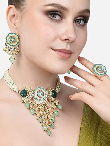 ZAVERI PEARLS Turquoise Blue & Green Meenakari Cascading Waterfall Beads Necklace Earring & Ring Set For Women-ZPFK14607