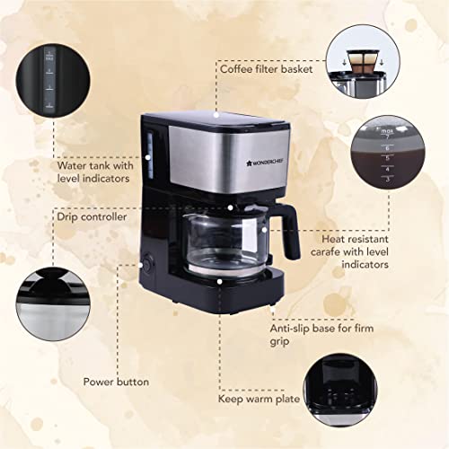 WONDERCHEF Regalia Pronto Coffee Maker 600W | 750ml Borosilicate Glass Carafe| 3-in-1 Filter Coffee, Espresso, Cappuccino| 6 Cups Coffee | Black & Silver| 2 Year Warranty