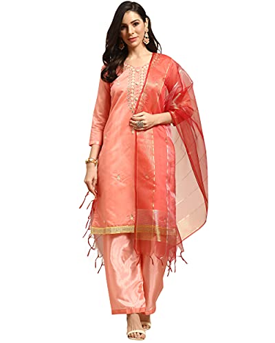 Rajnandini Women's Peach Chanderi Silk Embellished Unstitched Salwar Suit Material(JOPLMD138D)