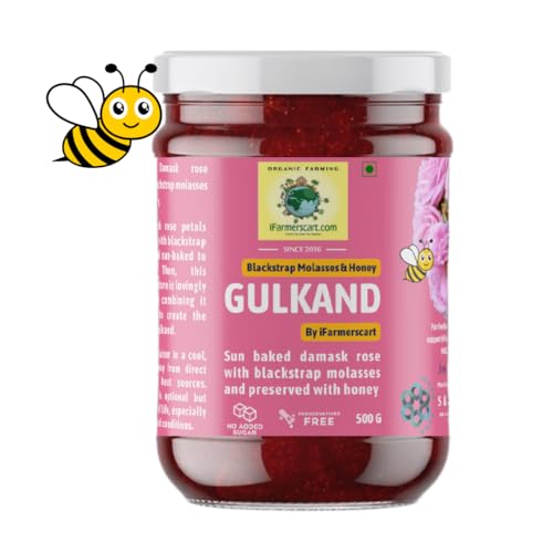 Organic Gulkand Infused with Honey & Blackstrap Molasses | No Added Sugar | No Artificial Flavors | Sun Baked Pure & Fresh Damask Rose Petal Jam | Handcrafted | Nutrient-Rich (500 G)