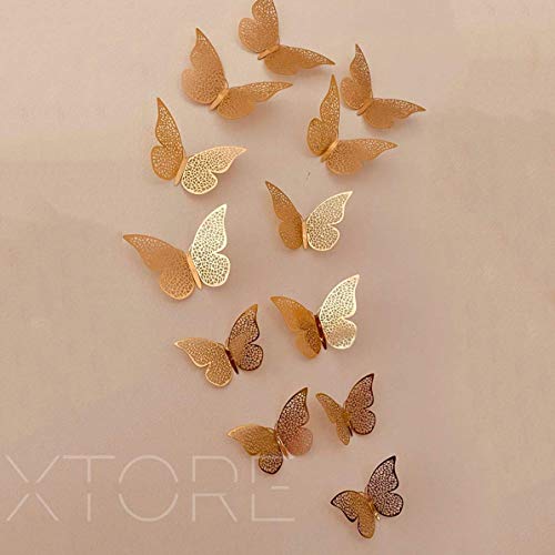 Xtore® 12pcs 3D Home Decor Butterfly with Sticking Pad (Shimmer Golden, Set of 12)