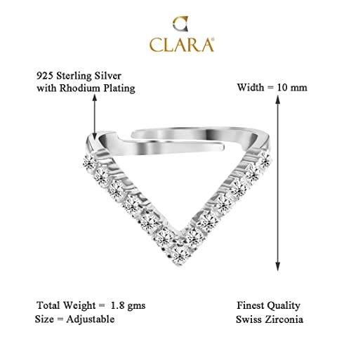 Clara 925 Sterling Silver V Shape Ring with Adjustable Band | Rhodium Plated, Swiss Zirconia | Gift for Women & Girls