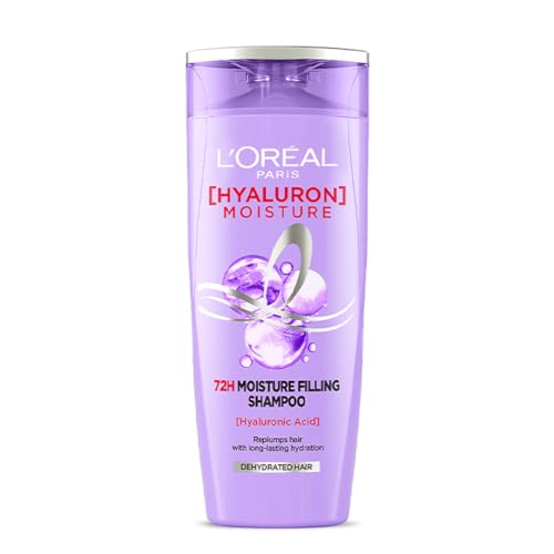 L'Oreal Paris Moisture Filling Shampoo, With Hyaluronic Acid, For Dry & Dehydrated Hair, Adds Shine & Bounce, Hyaluron Moisture 72H, 180ml