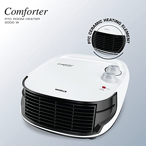 Havells Comforter Room Heater 2000 Watt with Overheat Protection, Adjustable Thermostat Control Knob &Adjustable Vent for Air Delivery (White and Black)