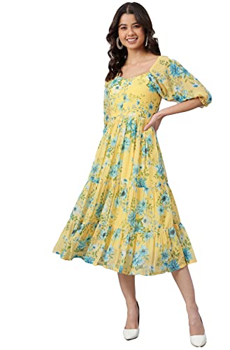 Janasya Women's Yellow Georgette Floral Print Flared Western Dress(J0433, L)