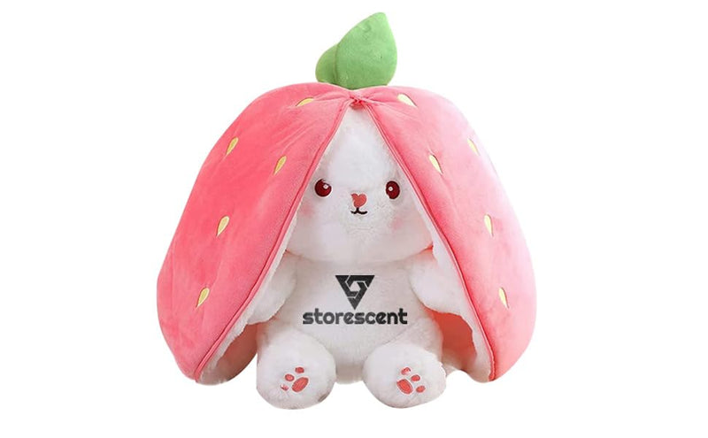 Storescent Reversible Carrot Strawberry Bunny Plush Toy - Cute & Versatile Stuffed Animal with Zipper - Soft Rabbit Toy, Pillow & Decorative Gift for Kids and Adults