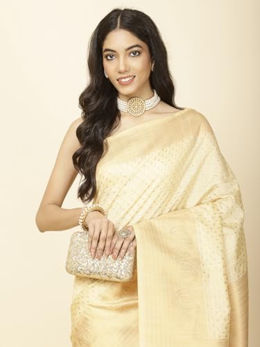 Meena Bazaar Zari Border Woven Booti Handloom Saree With Blouse (Beige)