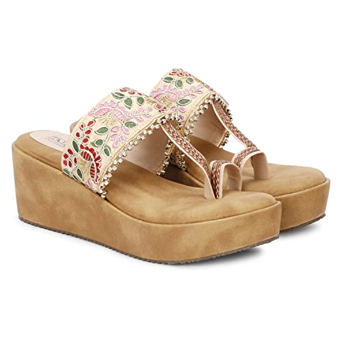 TRY FEET Women Fabric Wedges Beige