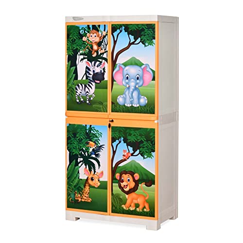 Nilkamal Freedom Mini Medium (FMM) Jungle Theme Plastic Kids Mini Storage Cabinet| Shelves | 2 Doors Cupboard | Living Room | Multipurpose for Home Kitchen & Office (Beach & Pastel Orange)