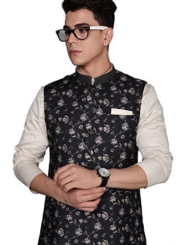 Manyavar Kurta Jacket Set for Men, Full Sleeves Mandarin Collar Ethnic Kurta Jacket Set Viscose Blend (Black, L)