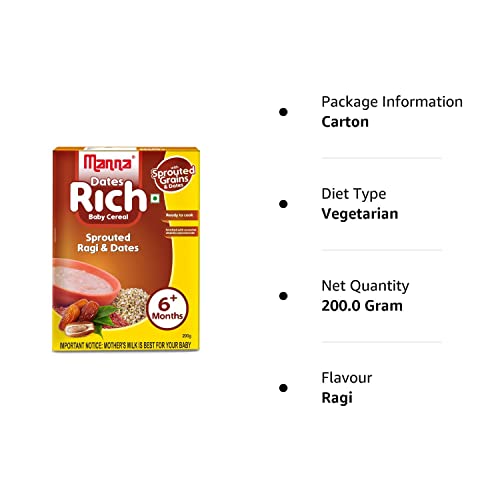 Manna Baby Cereal 200g, Baby Food (6+Months) Sprouted Ragi with Dates Powder 100% Natural Health Mix