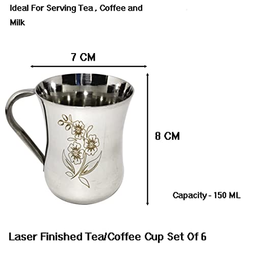 KC Pack of 6 Stainless Steel Tea/Coffee Cup Set of 6 (Laser Finished,150 ML, Stainless Steel, Dishwasher Safe