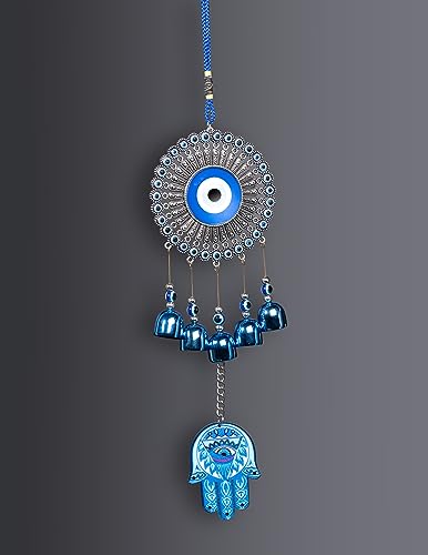 Ryme Feng Shui Evil Eye Wind Chimes with Bells for Main Door Balcony Wall Hanging for Positive Vibes & Removes Negative Energy (Hamsa Hand1)