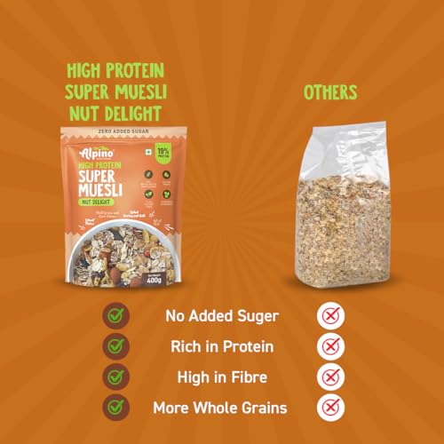 ALPINO Super Muesli Nut Delight 400g - 69% Whole Grain, 20% Dried Fruits & Nuts - Finest Nuts & Raisins, No Sugar Infused Fruits - High in Protein, Source of Fibre, Vegan - Breakfast Cereal