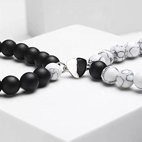 Okos Fashion Jewellery Combo of 2 Adjustable (Free Size) Stylish Unisex White and Black Beads Magnetic Heart Shape Couple Bracelet For Women and Men BR1000050COM