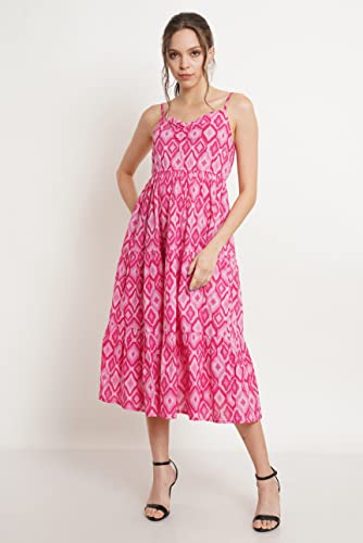 COTLAND Fashions Jaipuri Cotton Printed Flared Strappy Midi A-Line Dress For Women (Shades Of Pink)_Small